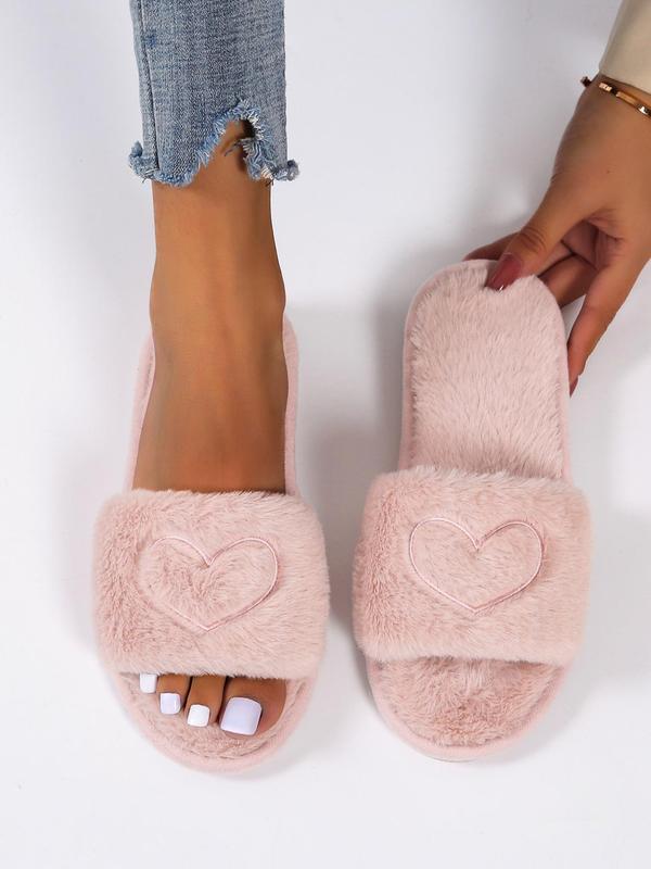 Heart Embroidered Fluffy Slippers