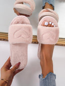 Heart Embroidered Fluffy Slippers