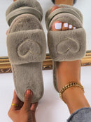 Heart Embroidered Fluffy Slippers